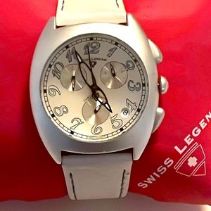 Men’s Swiss Legend chronograph watch with white leather strap